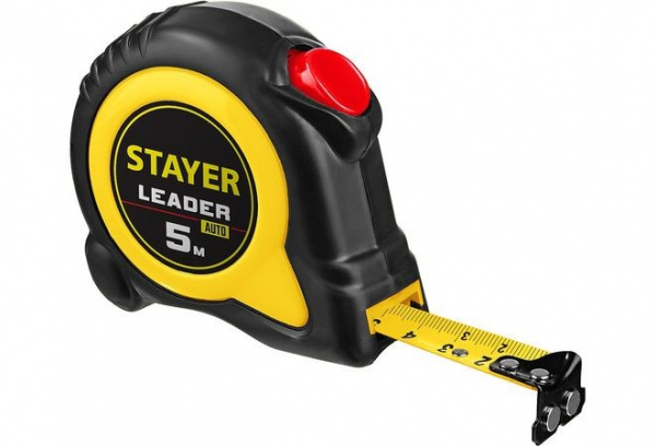 Рулетка 5м/19мм с автостопом в ударостойком обрезиненном корпусе LEADER STAYER  